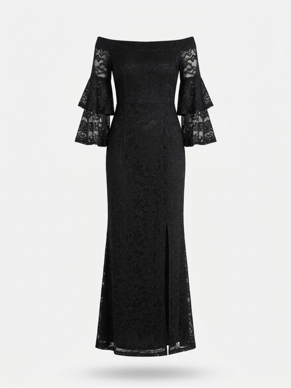 Black Off-Shoulder Lace Gown with Tiered Bell Sleeves